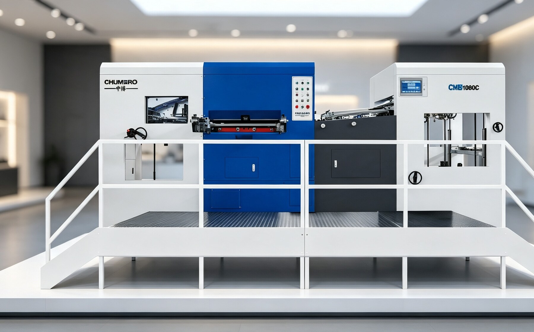Automatic flatbed die cutting machine displayed in a clean showroom