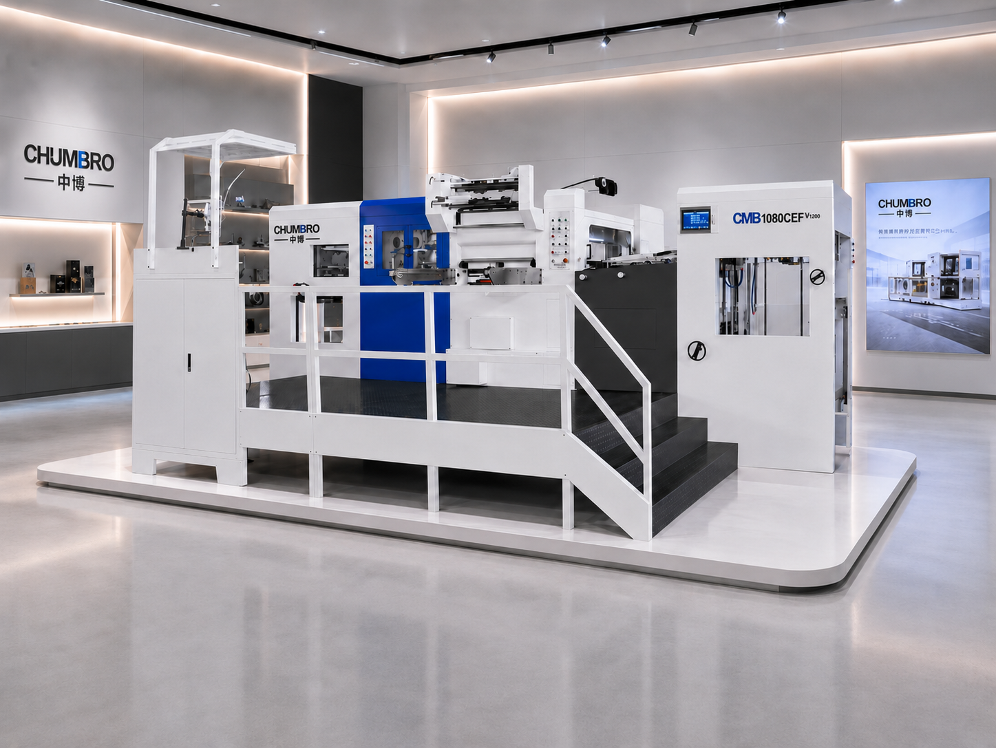 Die cutting and foil stamping machine in clean showroom for equipment selection