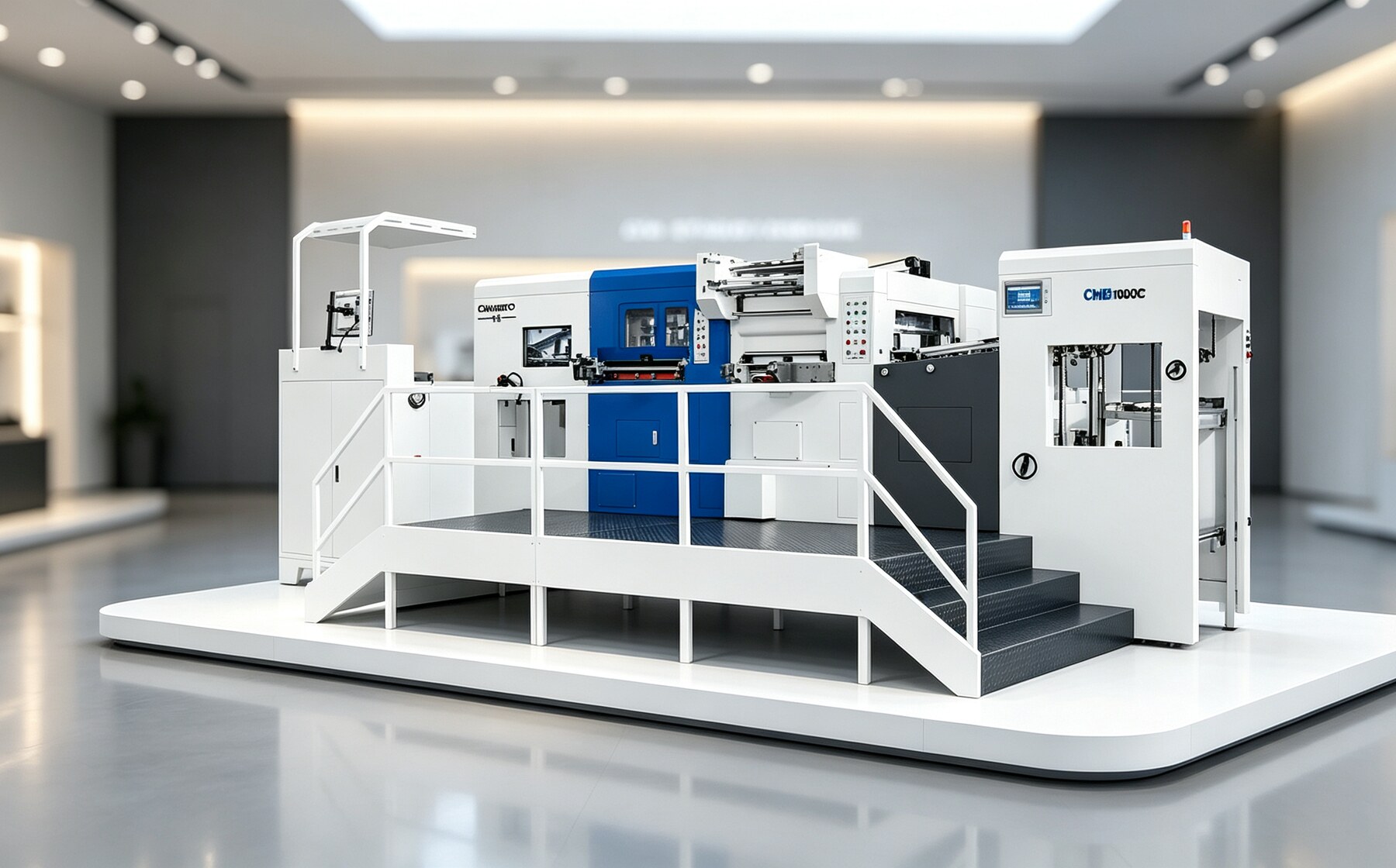 Automatic foil stamping machine displayed in a clean showroom